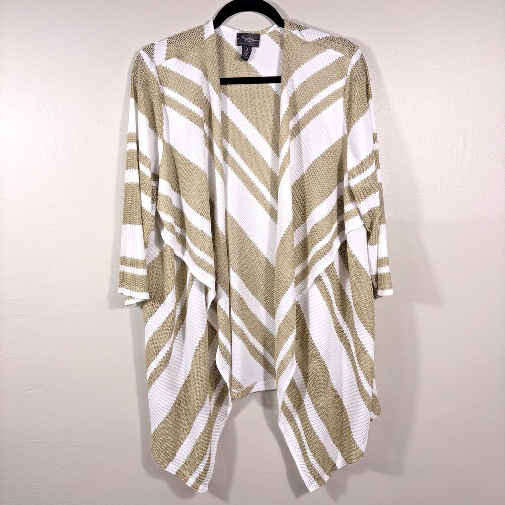 Chico's Travelers Size 3 Tan White Knit Cardigan Sweater Beach Wear - EUC